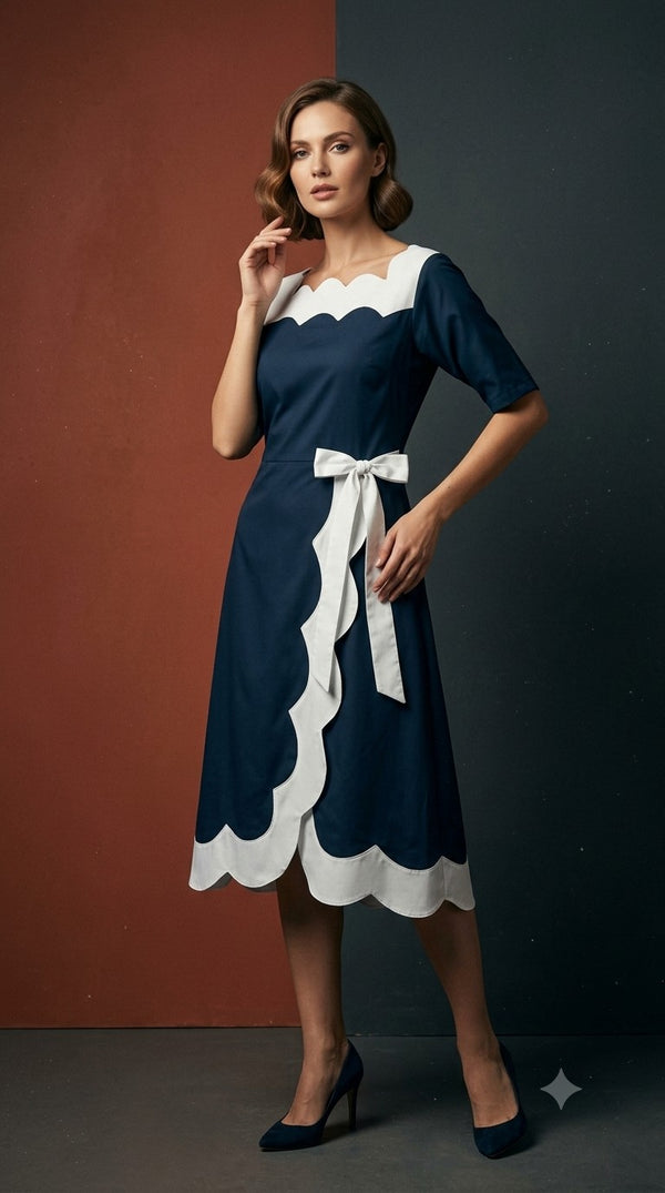 The Scalloped Nautical Elegance Midi Dress WK-529