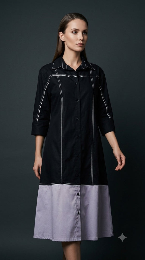 Midnight Contrast-Stitch Midi Shirt Dress WK-657