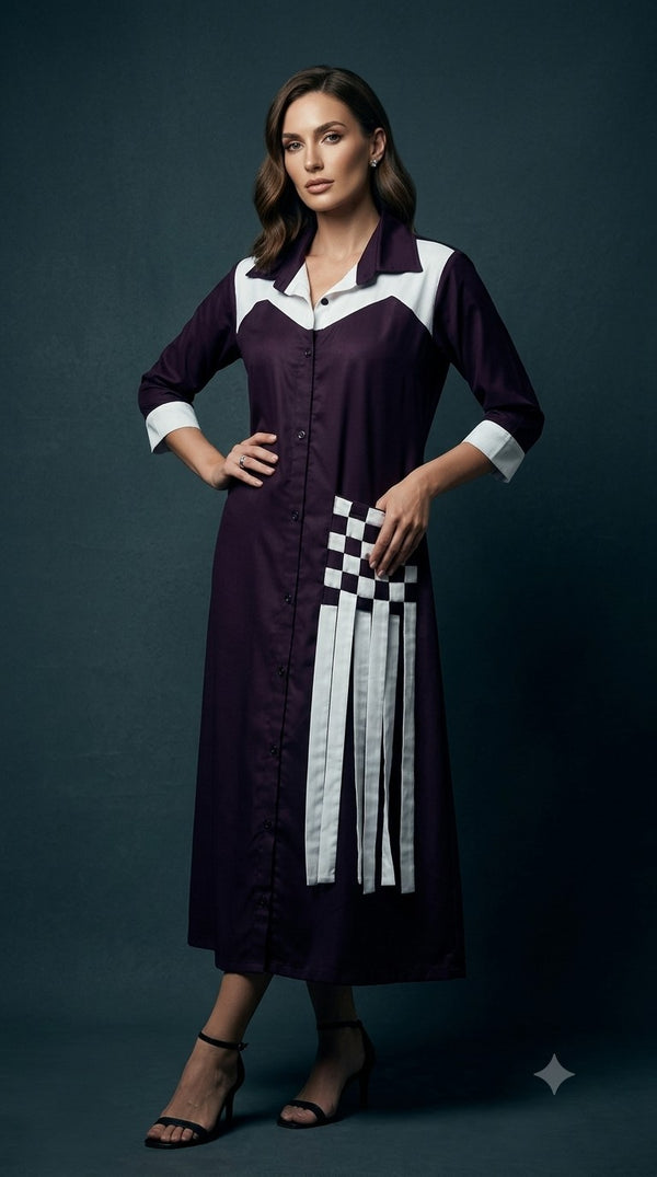 Plum &amp; Ivory Checkered Fringe  Dress WK-660