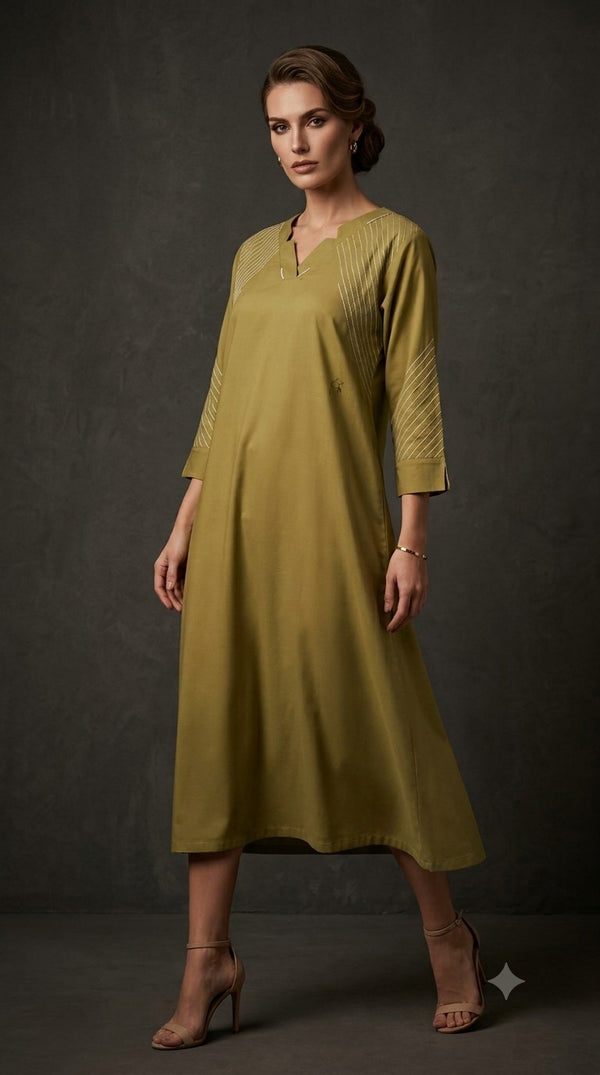Olive Elegance Linear-Embroidered Dress WK-687