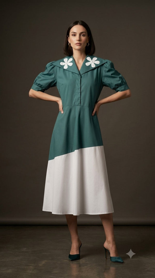 Vintage Emerald Floral Collar Dress WK-695