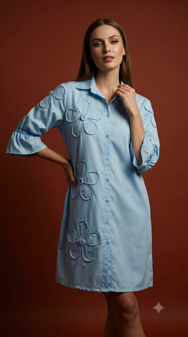 Skyfall Floral Appliqué Shirt Dress WK-584