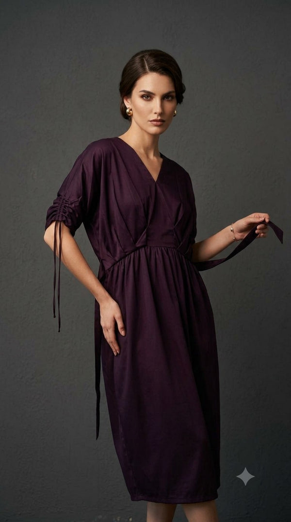 Royal Plum Ruched-Sleeve Tunic Dress WK-516