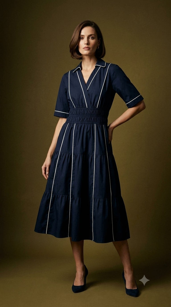Midnight Navy Contrast-Piping Dress WK-1042