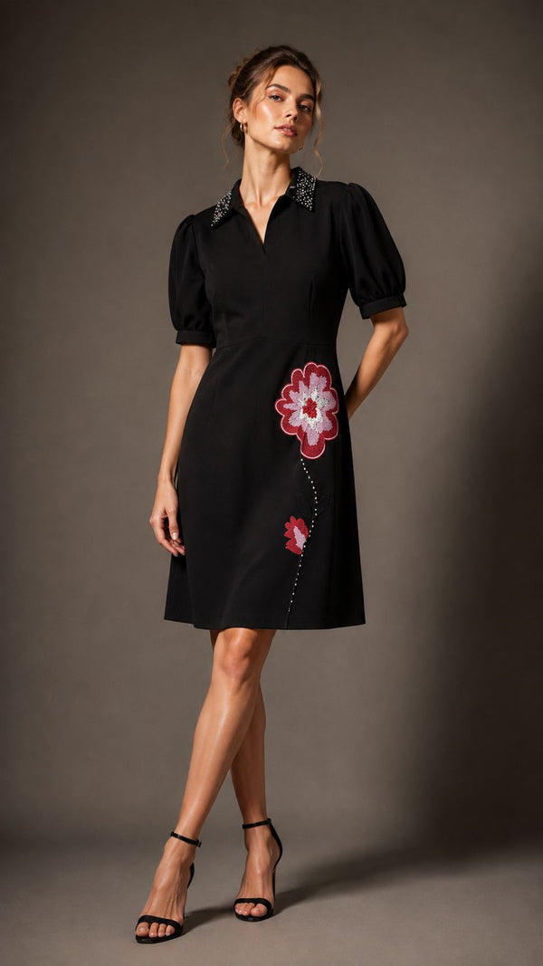 Midnight Floral Applique Puff-Sleeve Dress WK-1041