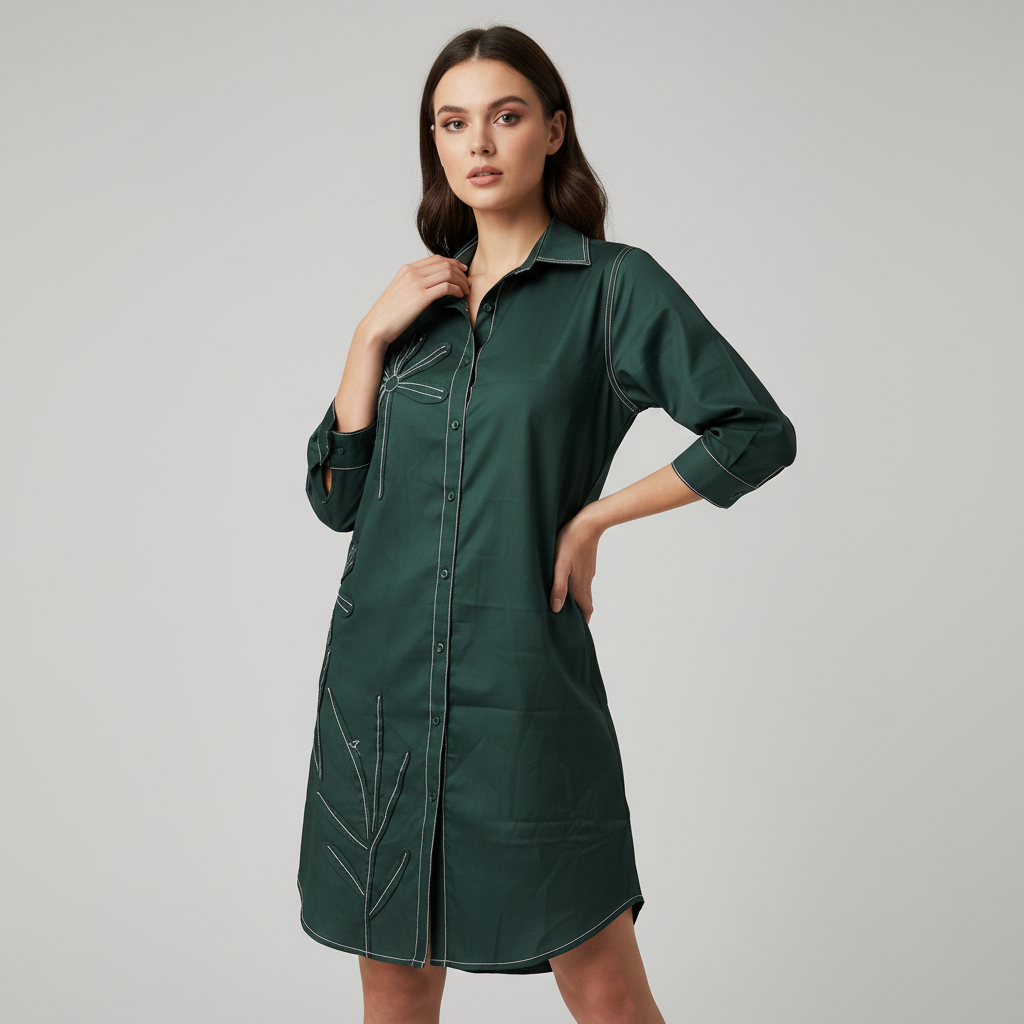 Flora Contrast-Stitch Shirt Dress WK-127