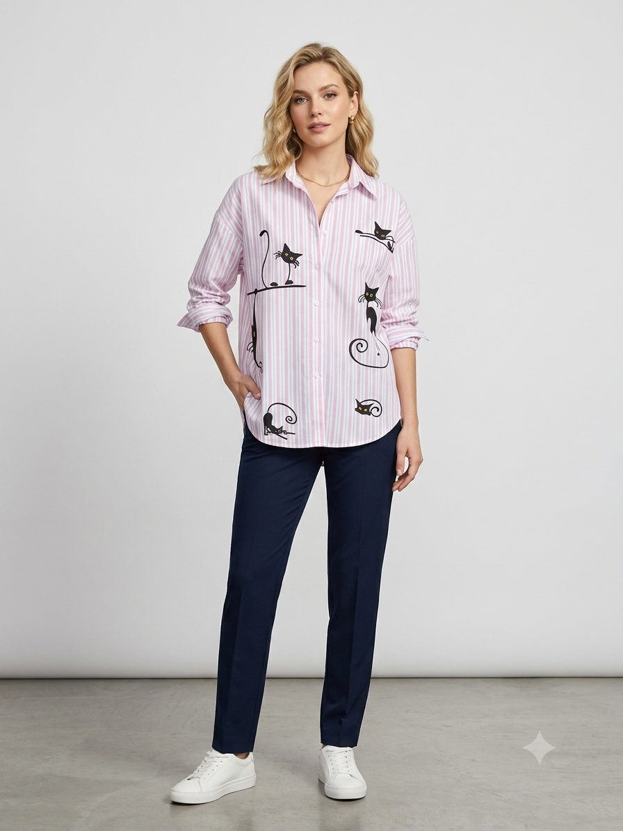 Meow & Stripe Casual Shirt