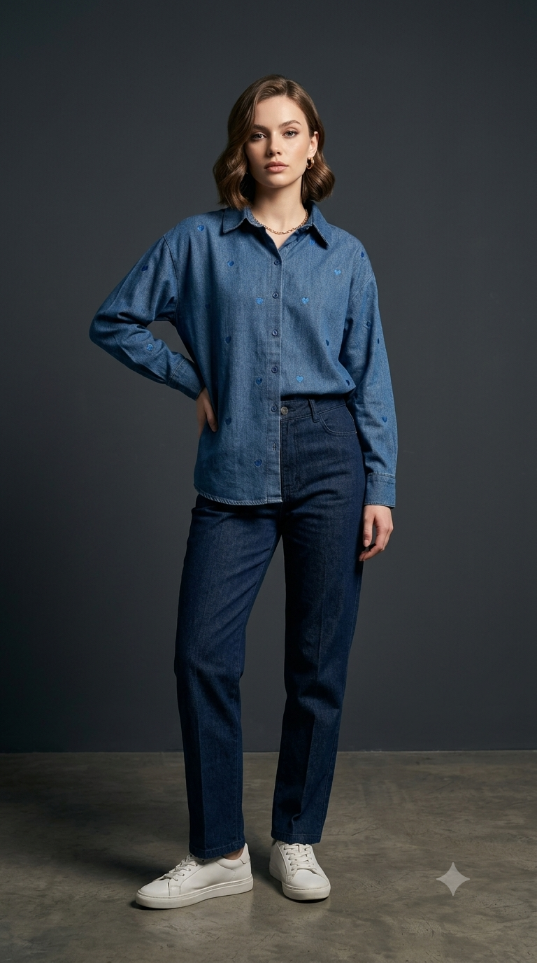 Heart-Embroidered Denim Shirt