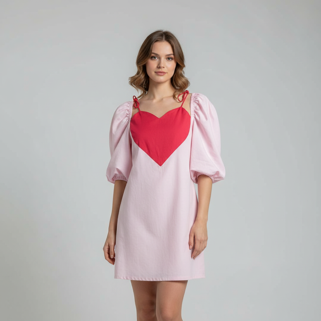 Heart Panel Puff-Sleeve Dress WK-501