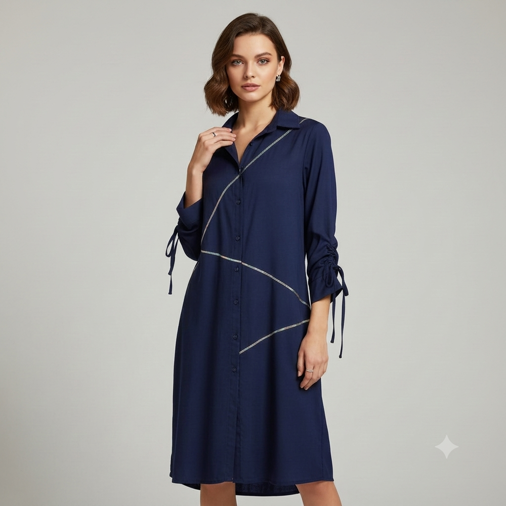 Geometric Topstitched Tie-Sleeve Shirt Dress WK-522