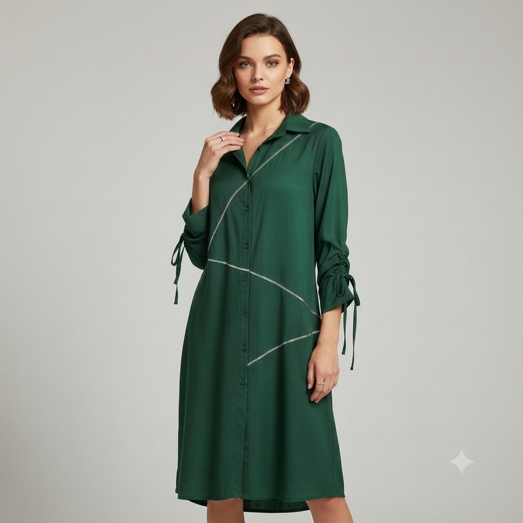 Geometric Topstitched Tie-Sleeve Shirt Dress WK-522