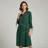 Geometric Topstitched Tie-Sleeve Shirt Dress WK-522
