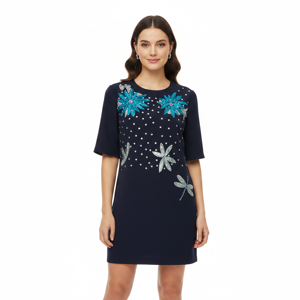 Embellished Floral & Polka Dot Tunic Dress WK-553