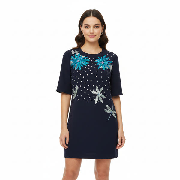 Embellished Floral & Polka Dot Tunic Dress