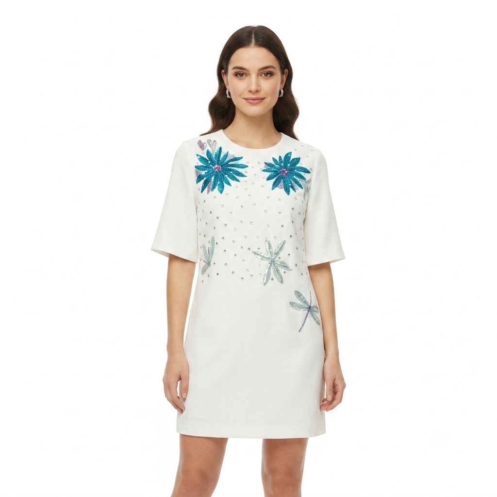 Embellished Floral & Polka Dot Tunic Dress WK-553