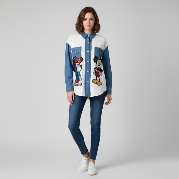 Mickey Minnie Sequined Denim-Mix Shirt