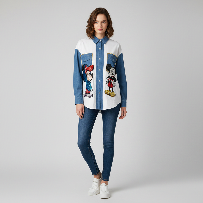 Mickey Minnie Sequined Denim-Mix Shirt