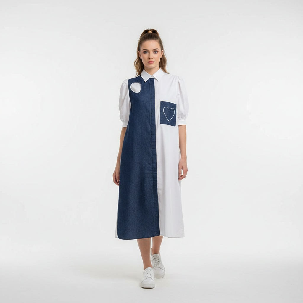 Asymmetric Denim-Mix Patchwork Dress WK-620