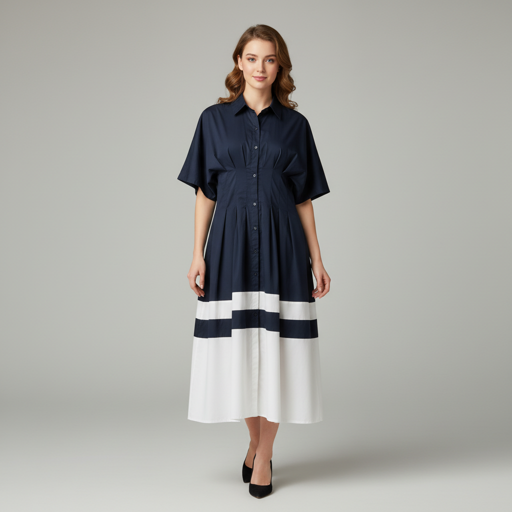 Color-Block Pleated Shirt Dress WK-625