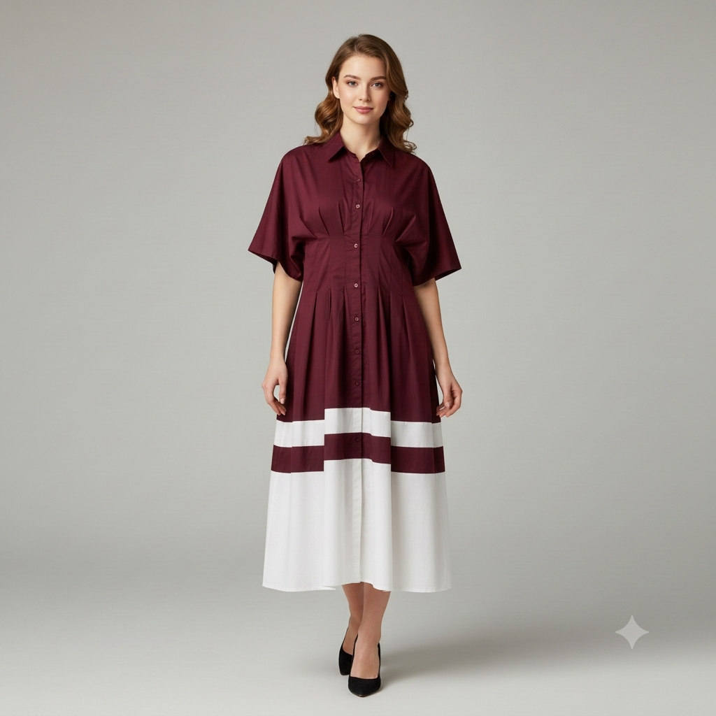 Color-Block Pleated Shirt Dress WK-625