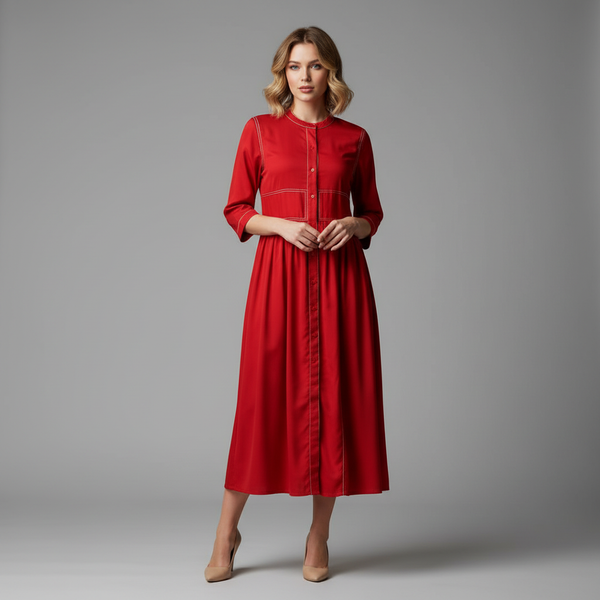 Mandarin Contrast-Stitch Flared Dress