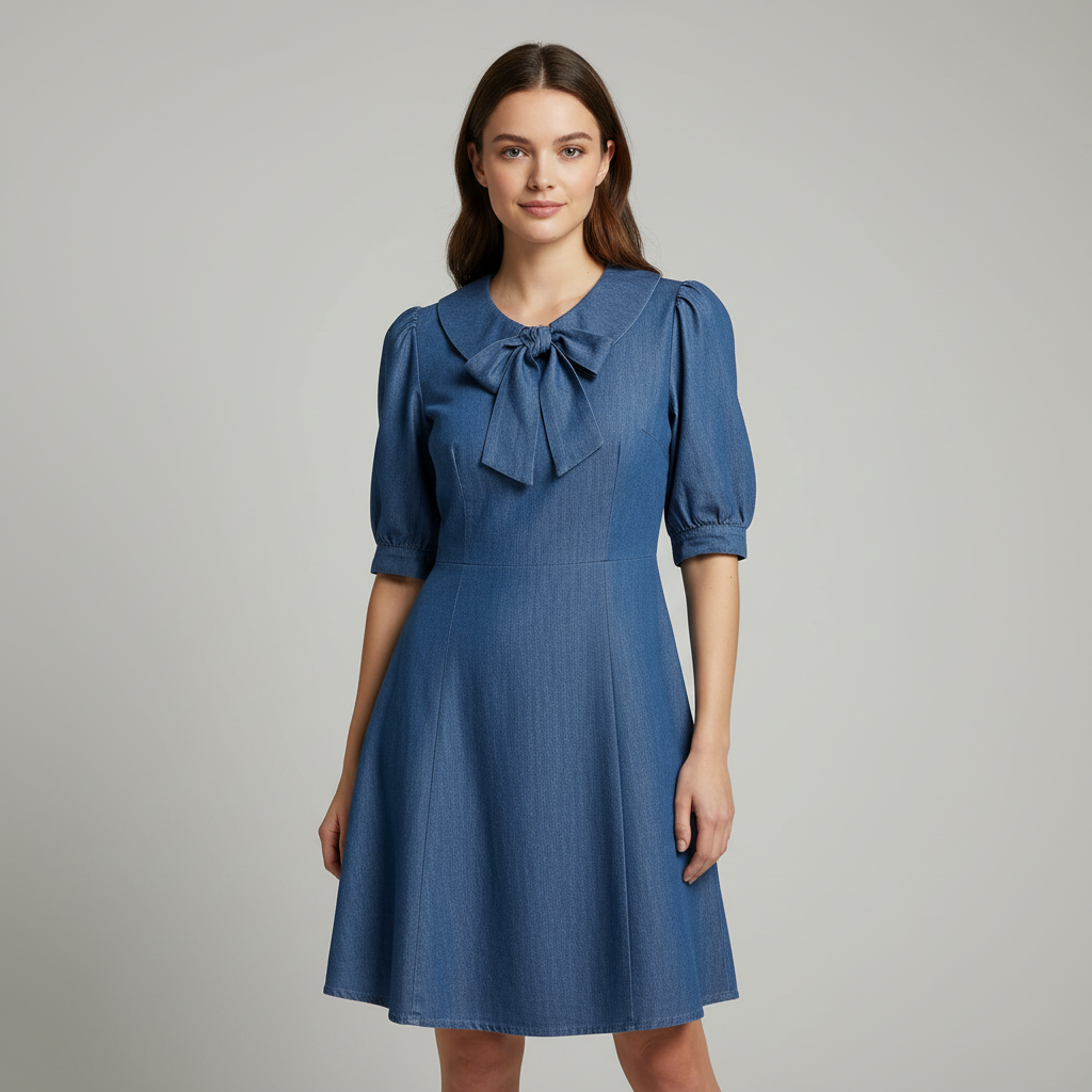 Denim Bow-Neck Pleated Dress WK-674