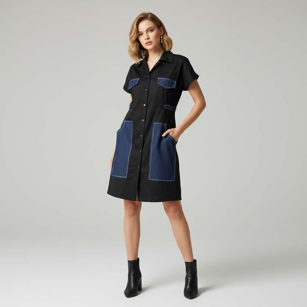 Multi-Pocket Denim Patchwork Shift Dress