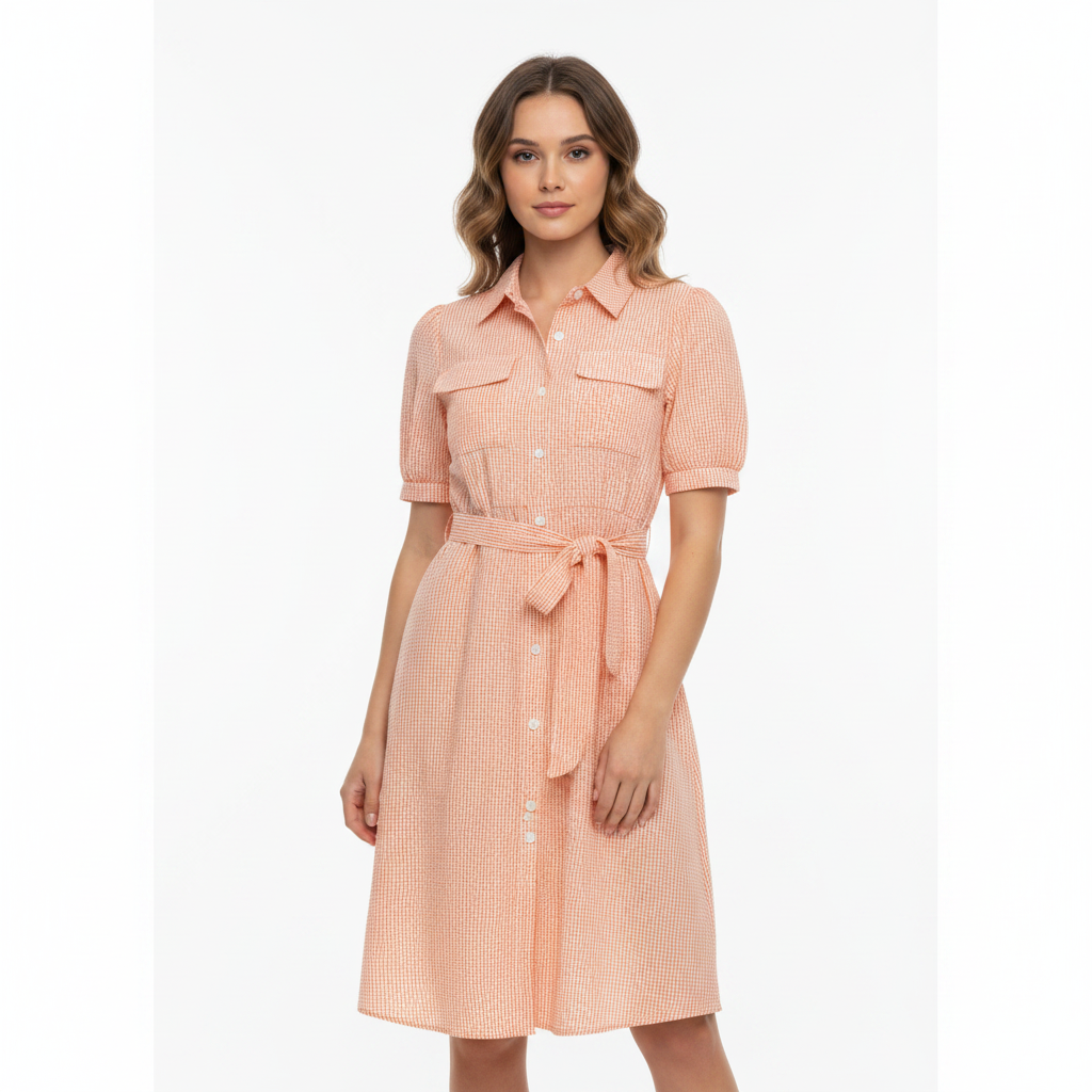 Gingham Seersucker Belted Midi Dress