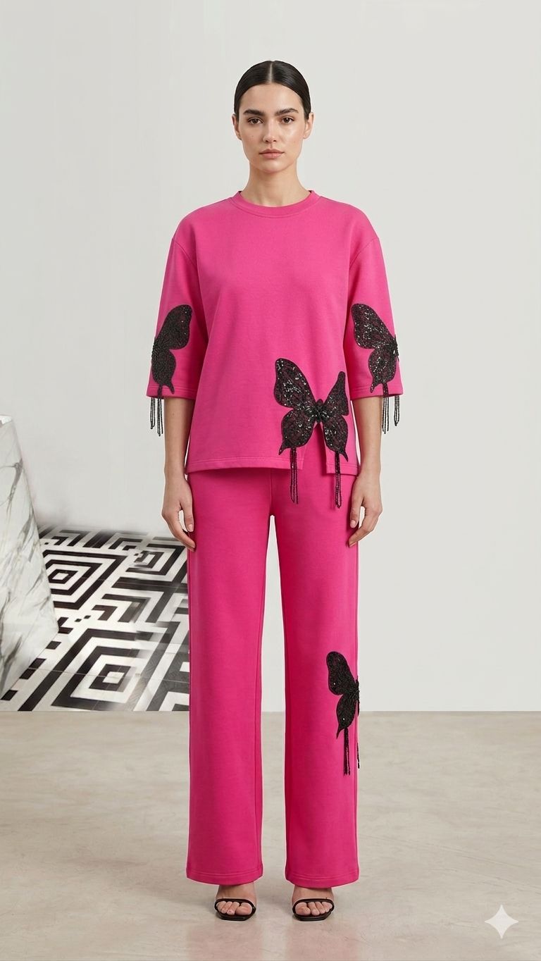 Hot Pink Butterfly Embellished Co-Ord Set WK-715