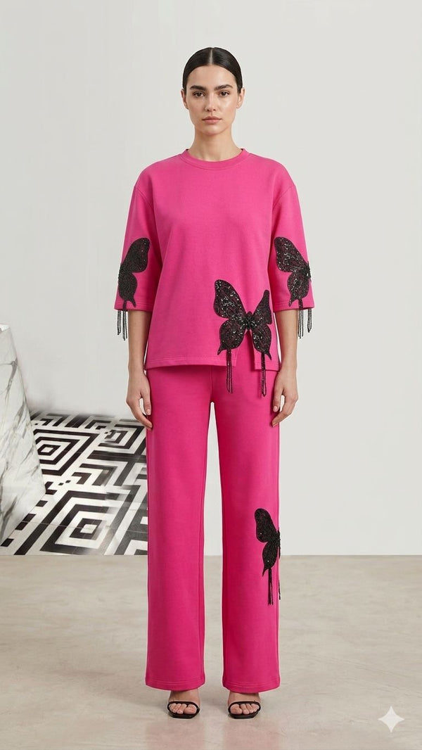 Hot Pink Butterfly Embellished Co-Ord Set