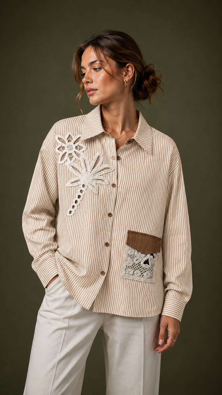 Riviera Crochet Patch Striped Shirt WK-739