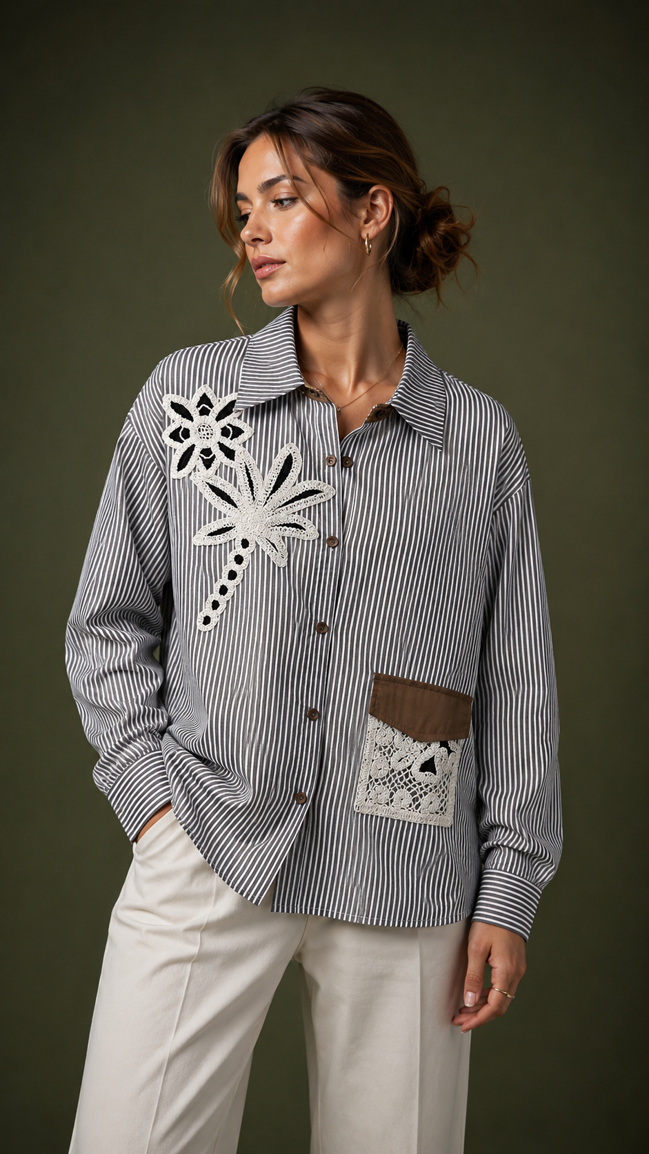 Riviera Crochet Patch Striped Shirt WK-739