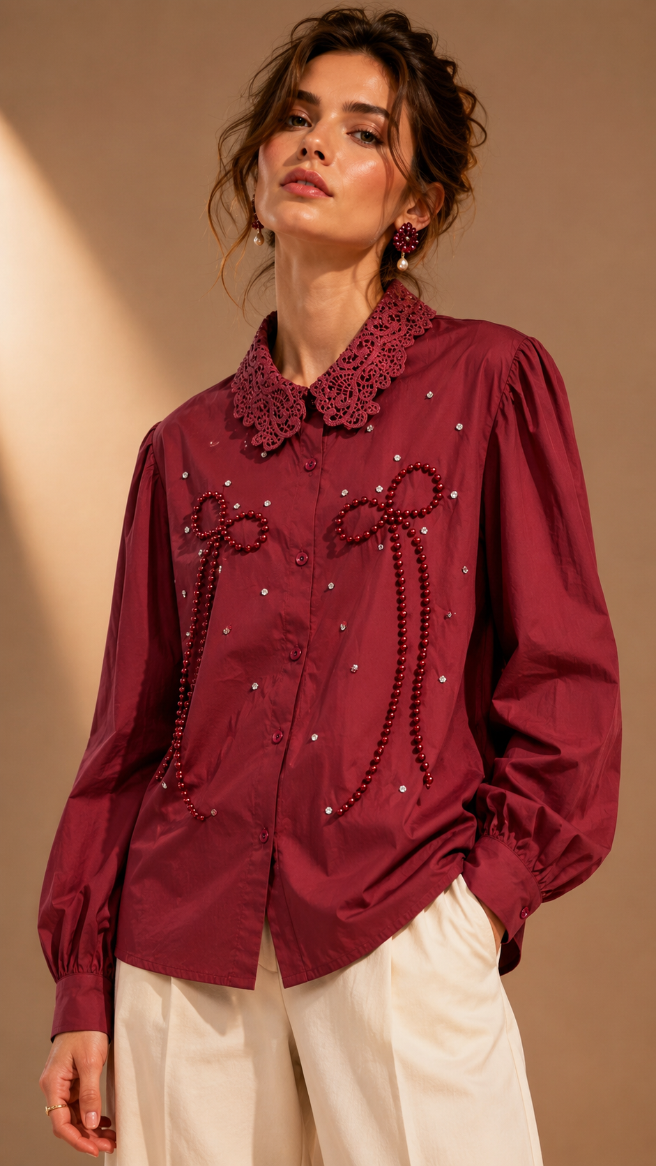 Burgundy Pearl-Embellished Bow Shirt WK-751