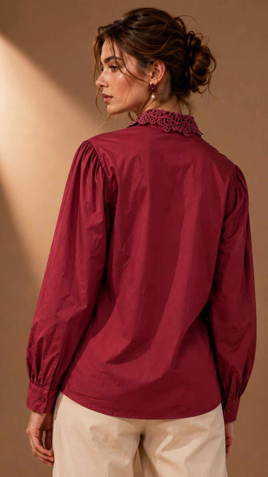Burgundy Pearl-Embellished Bow Shirt WK-751