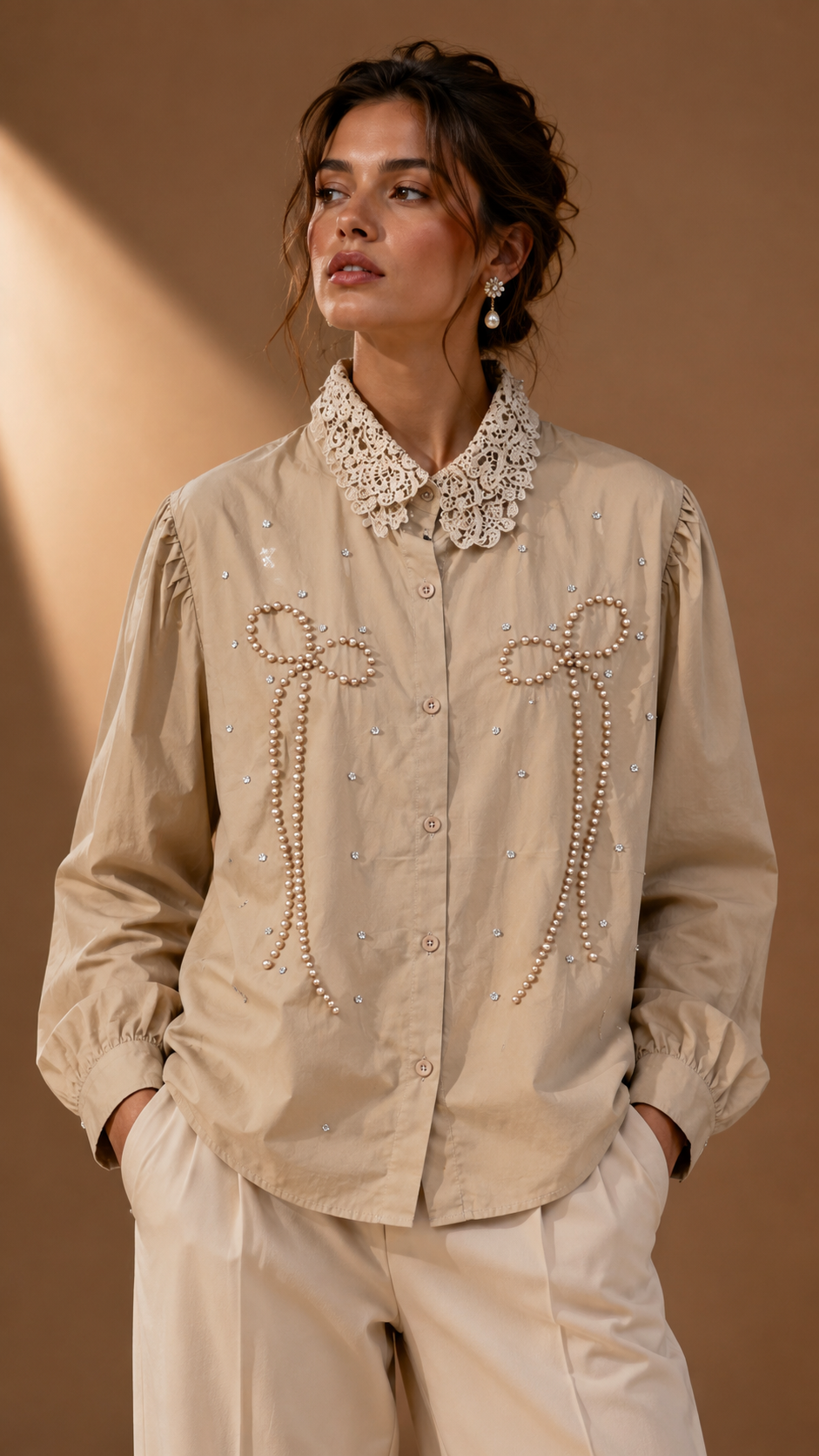 Burgundy Pearl-Embellished Bow Shirt WK-751