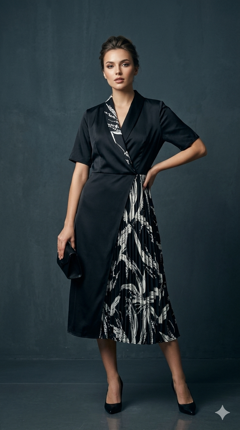 Abstract Contrast Pleated Wrap Dress