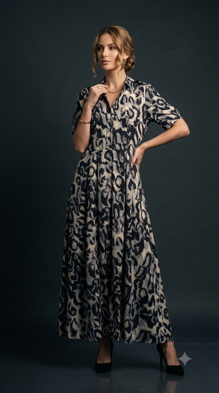Abstract Animal Print Shirt Dress