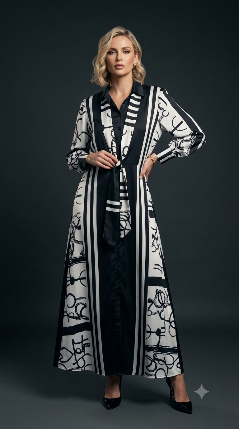 Monochrome Abstract Printed Longline dress