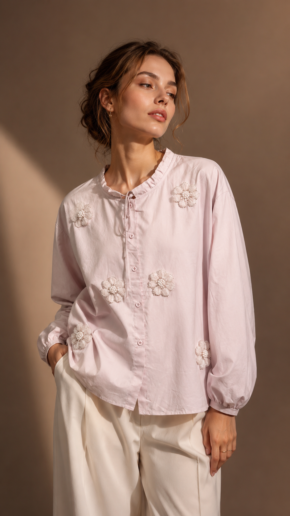 Ruffled Collar Organza Flower Shirt WK-812