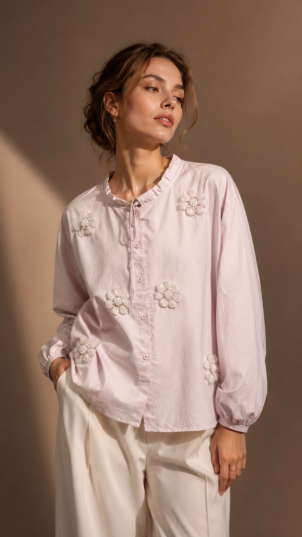Ruffled Collar Organza Flower Shirt