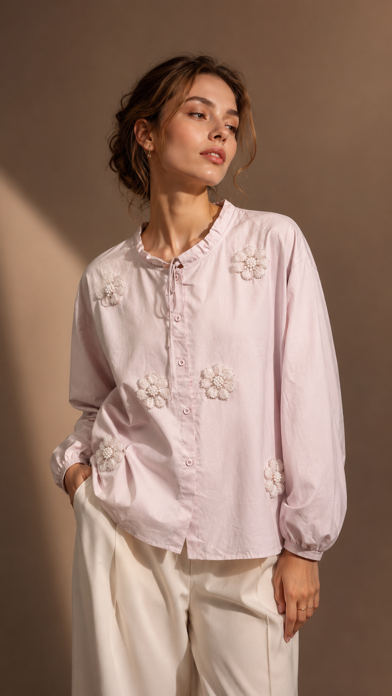 Ruffled Collar Organza Flower Shirt
