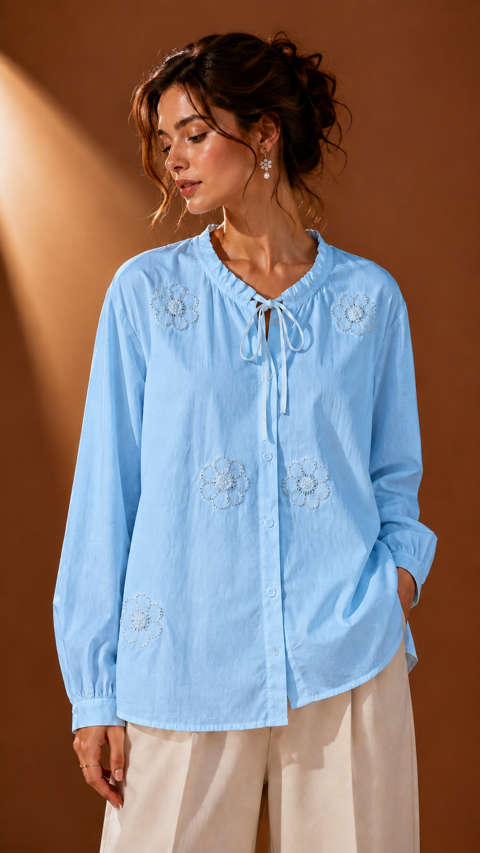 Ruffled Collar Organza Flower Shirt WK-812