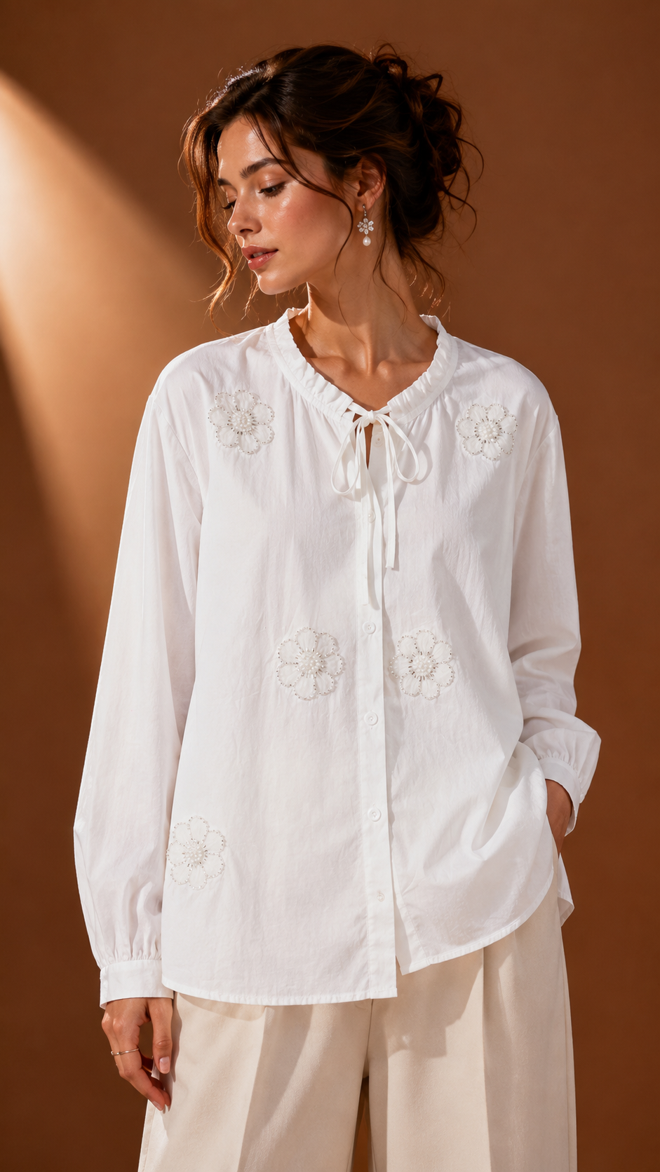 Ruffled Collar Organza Flower Shirt WK-812