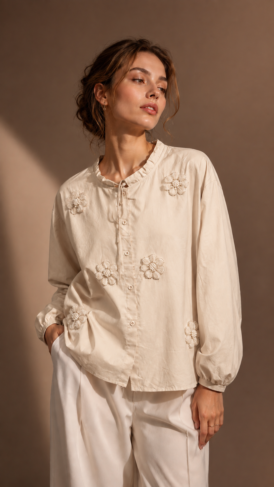 Ruffled Collar Organza Flower Shirt WK-812