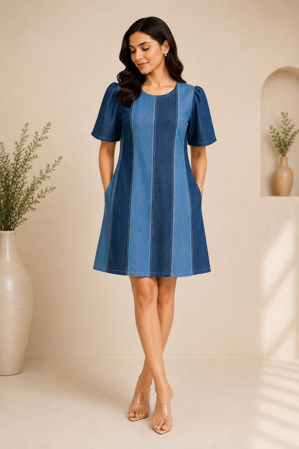 Denim Stripe Panel Dress WK-987