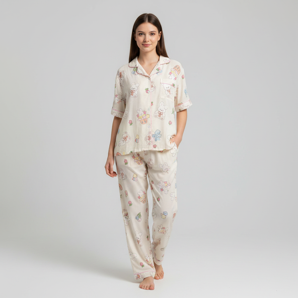 Pastel Kawaii Rabbit Printed Lounge Nightsuit