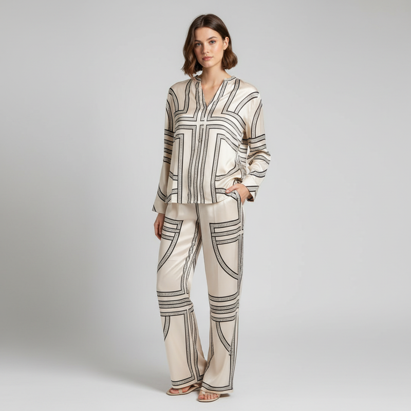 Cream & Black Architectural Border Print Nightsuit