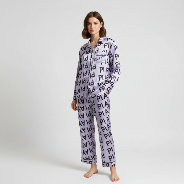 Lilac Letter-Print Silk-Satin Nightsuit
