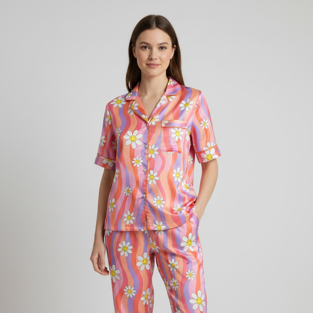 Two-Piece Retro Psychedelic Daisy Cotton Nightsuit