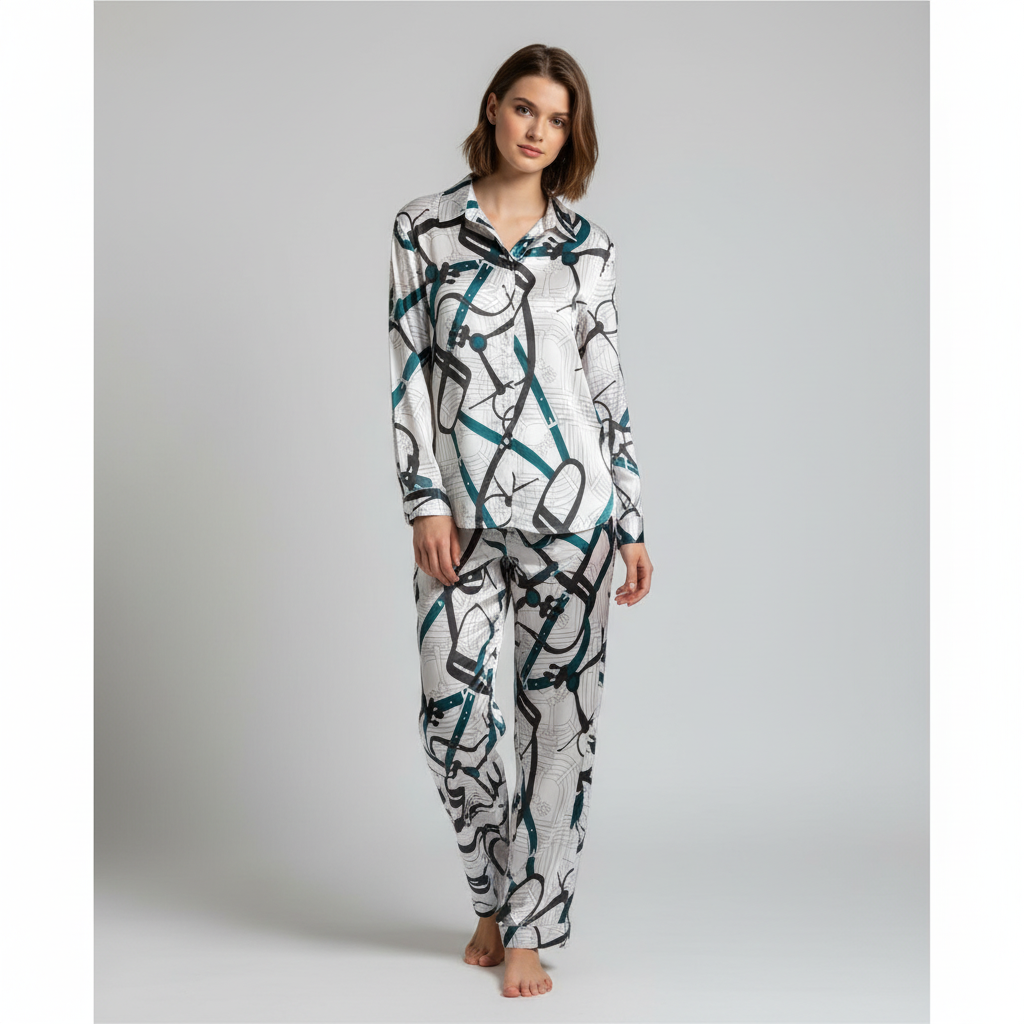 Two-Piece Satin Equestrian Print Nightsuit